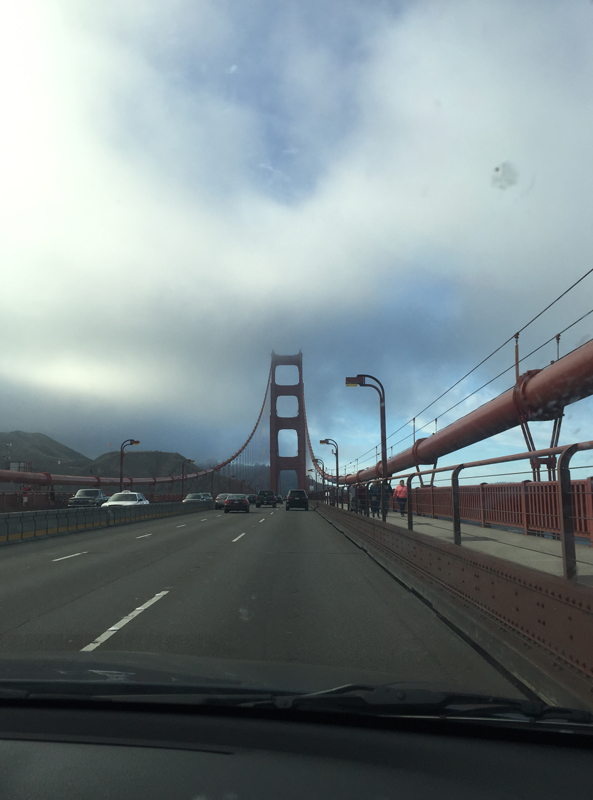 Crossing the Golden Gate Bridge heading north out of San Francisco.