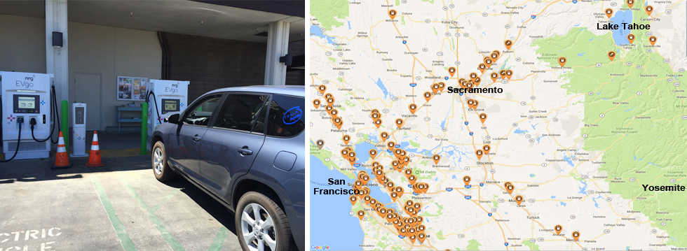 The author charging his Rav4 EV at a DCFC station in Santa Cruz, CA. Right side: Orange icons show current location of CHAdeMO and CCS DCFC charging stations. Although the network is decent, many areas remain to be served.