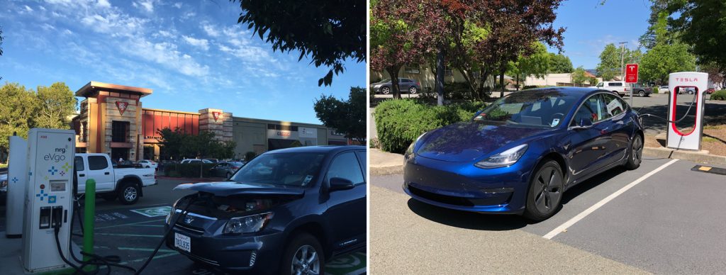 Left: Charging my Rav4 EV at a CHAdeMO DC quick charge station. Right: Charging my Model 3 at a Tesla Supercharger. 