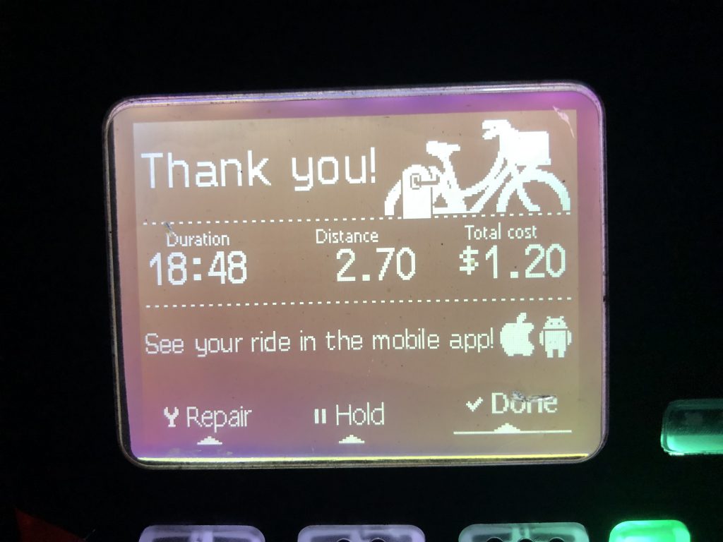 When you're done, the display on the back of the bike tells you how far you rode and how much the ride cost.