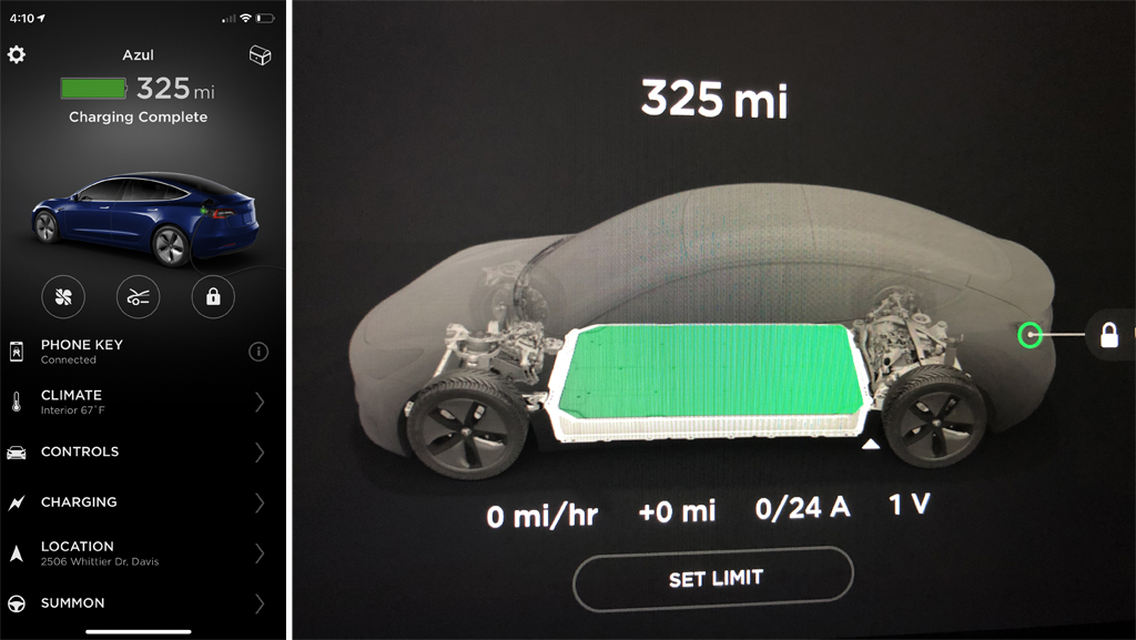 Picture showing 325 miles of range in the Model 3.